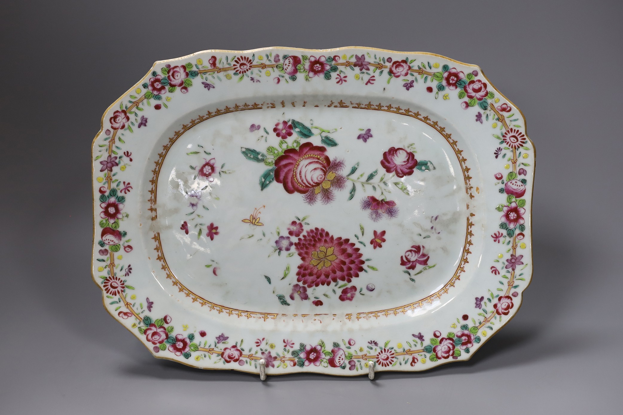 An 18th century Chinese export octagonal famille rose dish, 30cm long